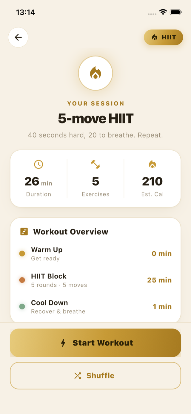 DayOne app showing today's generated workout