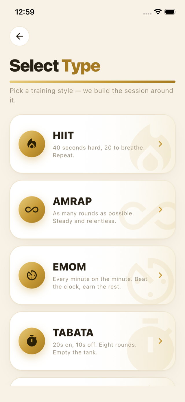 DayOne — choosing a workout type: HIIT, AMRAP, EMOM, Tabata and more